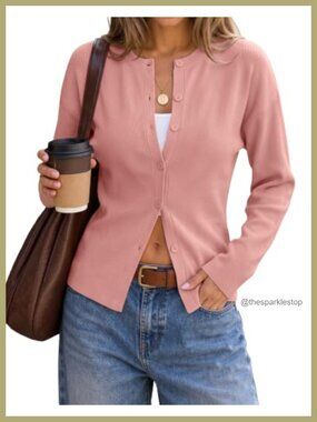 Lightweight Fitted Knit Cardigan Button Front Crew Neck Long Sleeve